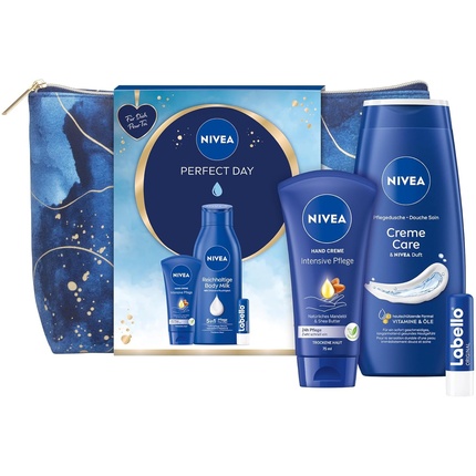

Подарочный набор NIVEA Perfect Day с увлажняющими средствами по уходу: кремом для рук, Labello, молочком для тела и косметичкой
