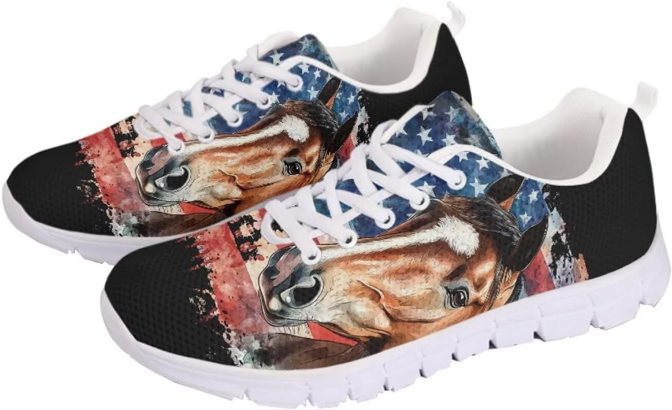 

Кроссовки с американским флагом для прогулок, кроссовки на 4 июля, повседневные беговые кроссовки для фитнеса на День независимости Getelinseng, Horse American Flag