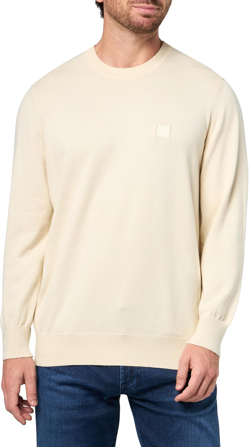 

BOSS Мужской свитер из хлопковой смеси с квадратным логотипом, Seed Pearl