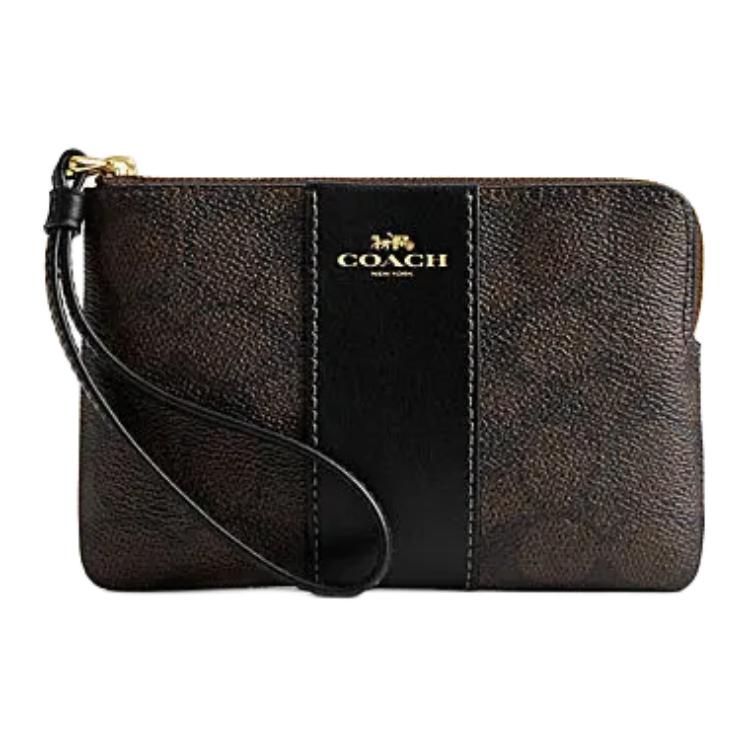 

Кошелек-клатч Coach с угловой молнией из искусственной кожи и запястным ремнем из спилка, цвет грецкий орех и черный