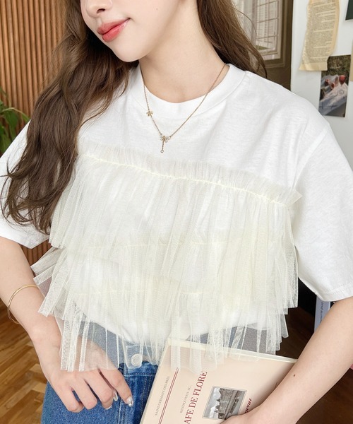 

Футболка с коротким рукавом и оборками из тюля Moment+, кремовый