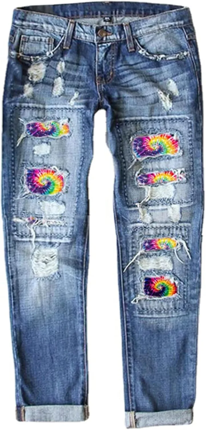 

Джинсы Boyfriend с потертостями и нашивкой Rainbow TACSTRUN