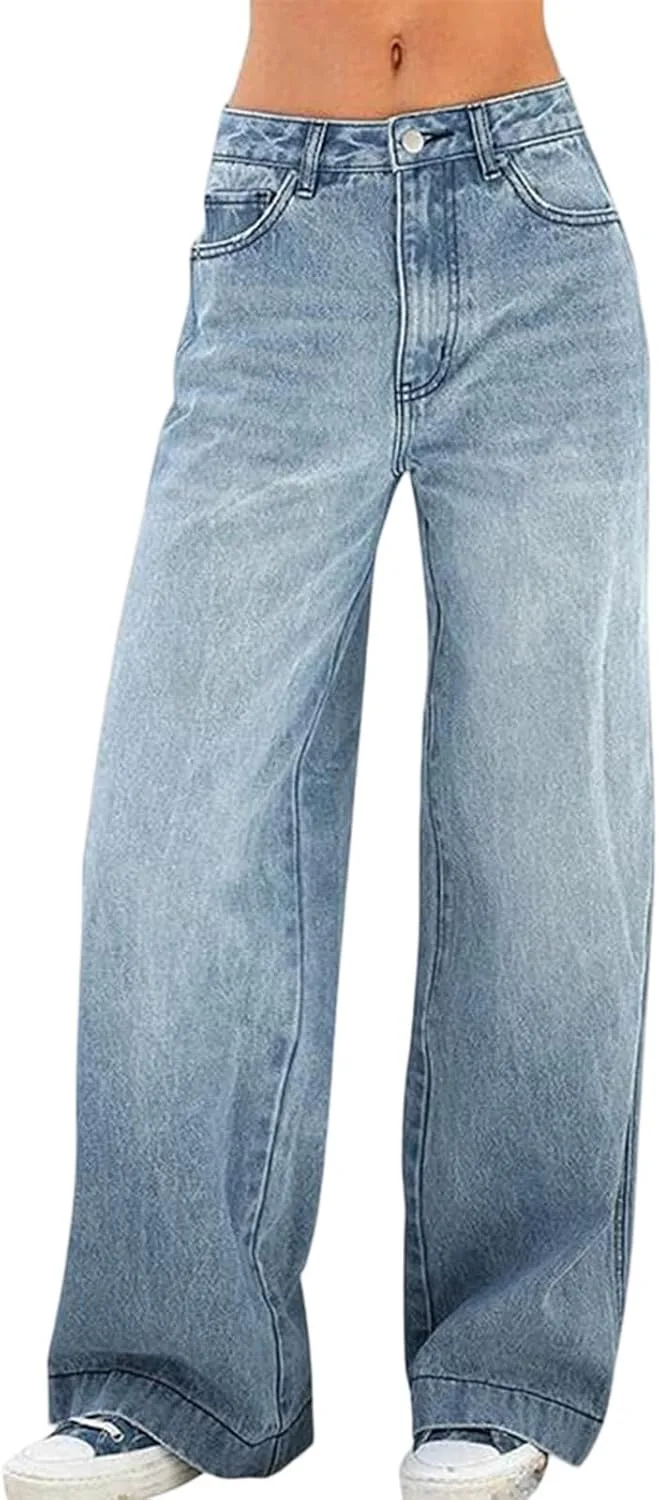 Джинсы Wide Leg для женщин, Mid Rise, Vintage Blue Denim, Relaxed Fit