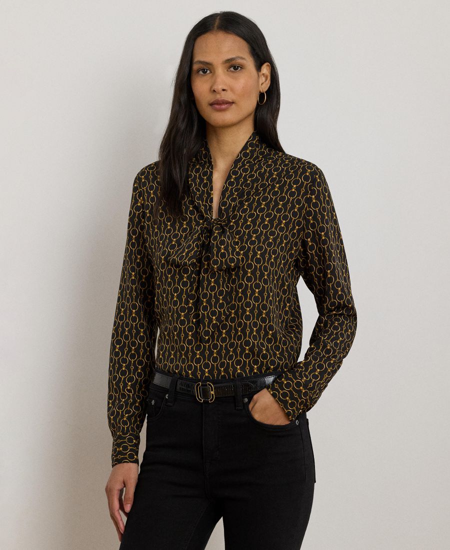 

Женская блузка с завязками на шее и принтом в виде цепочек Lauren Ralph Lauren, Black Multi