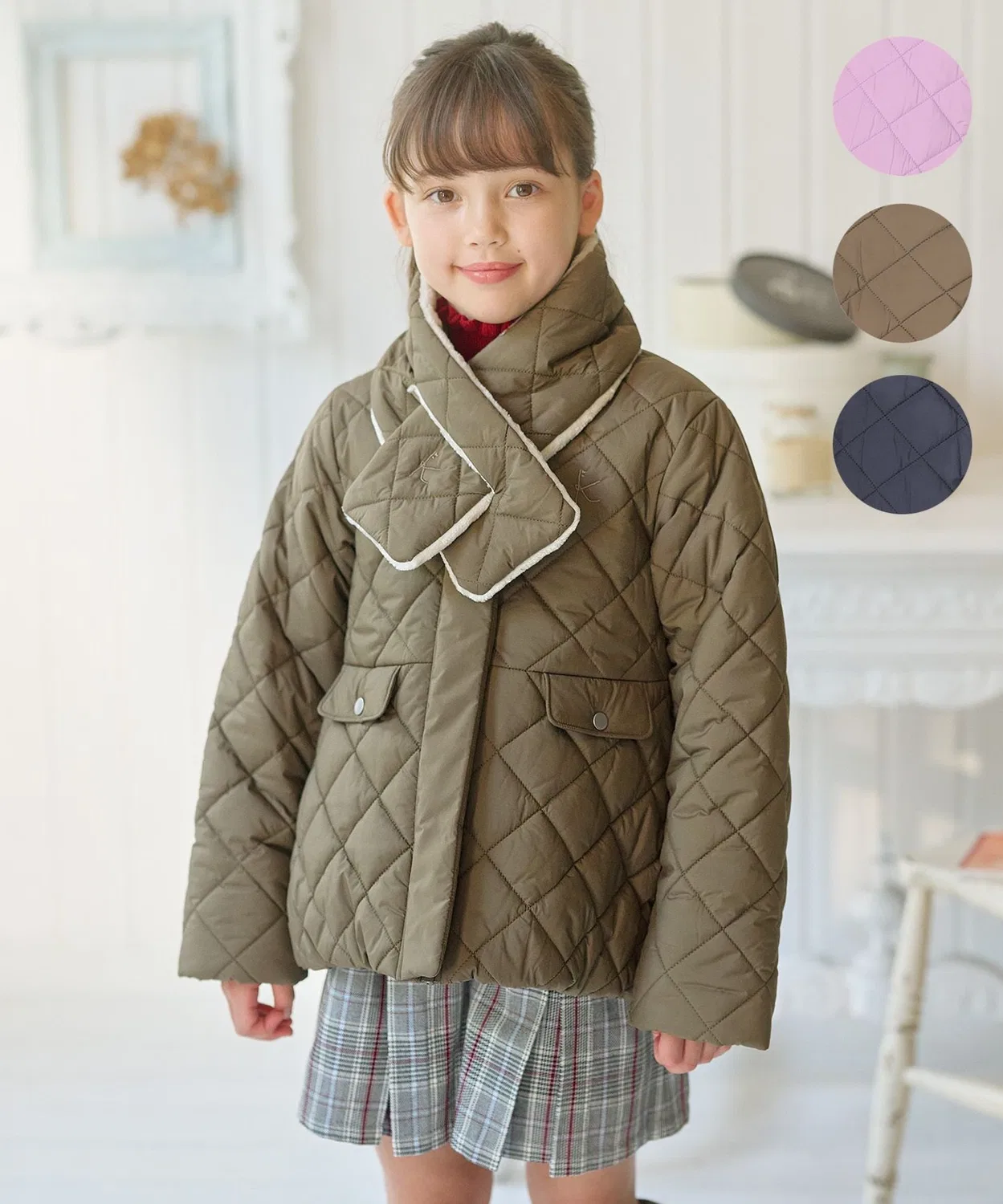 Куртка стеганая с шарфом, бренд KIDS, детская, цвет хаки