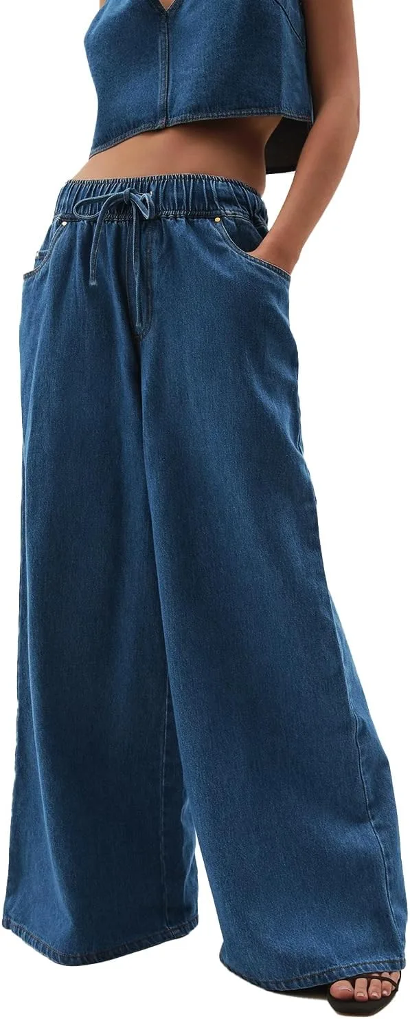 

Джинсы женские Vintage Straight Wide Leg с эластичным поясом и шнурком Tinscor