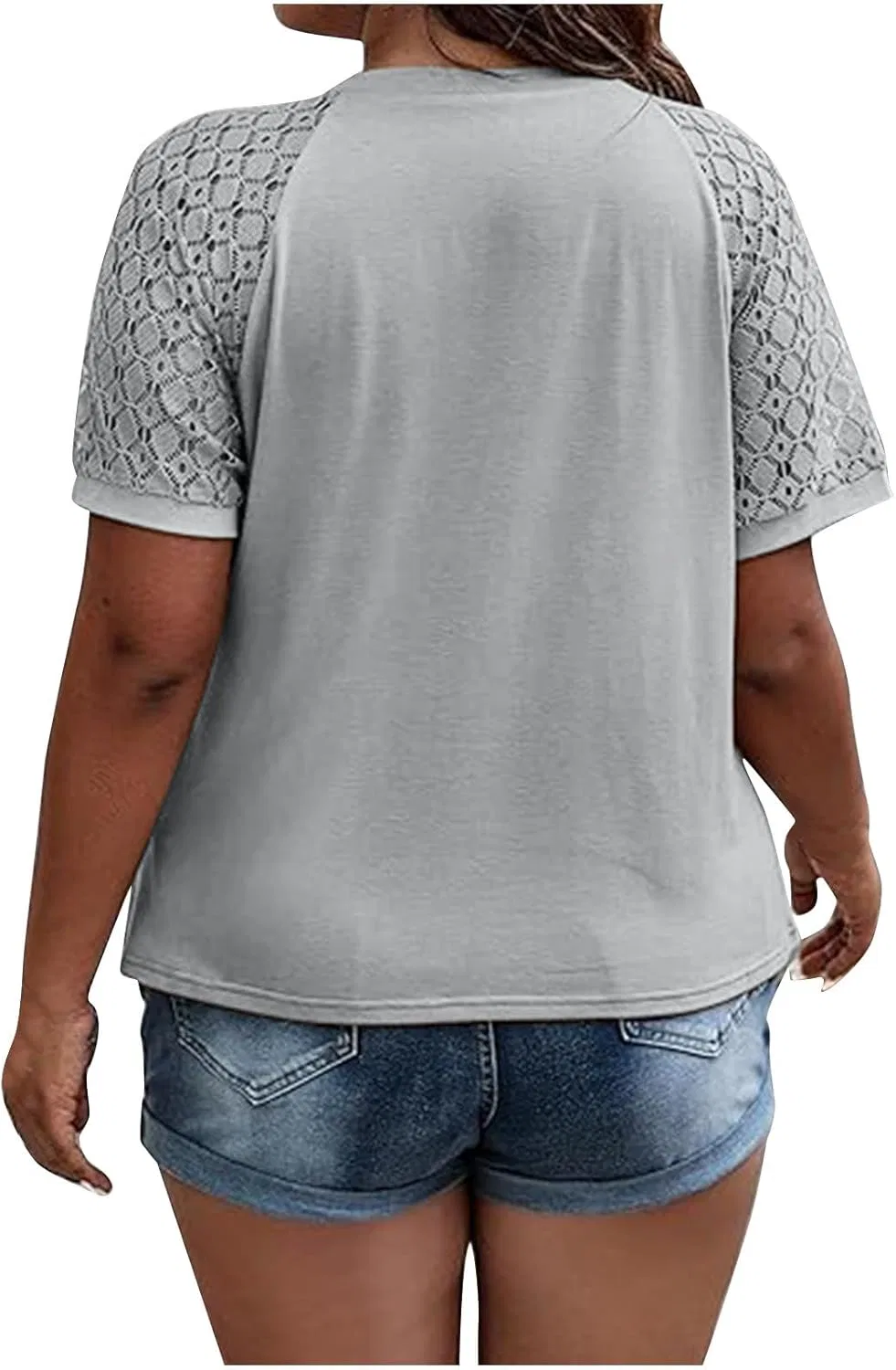 Футболка женская с круглым вырезом и кружевными рукавами, Oversized, свободного кроя, серого цвета — фото 3