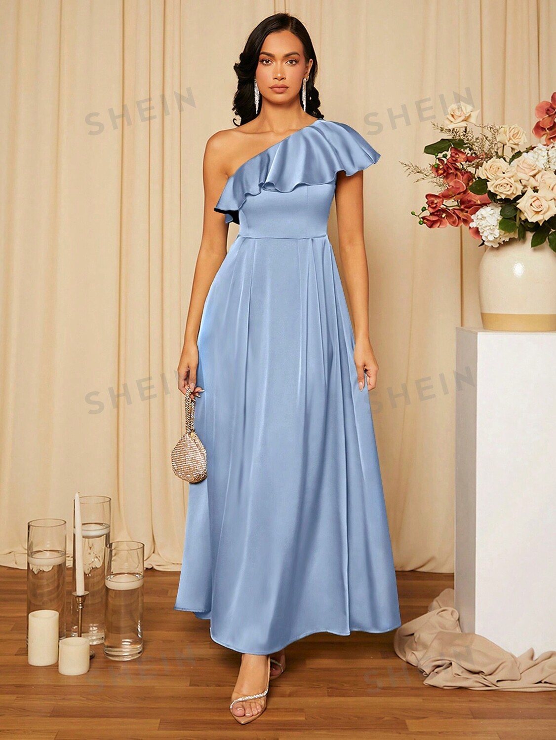 

Платье для подружки невесты Belle Одно плечо, рюши, атлас Shein, синий