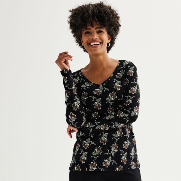 

Миниатюрная базовая блузка с длинным рукавом и v-образным вырезом Croft & Barrow, цвет black paisley flower