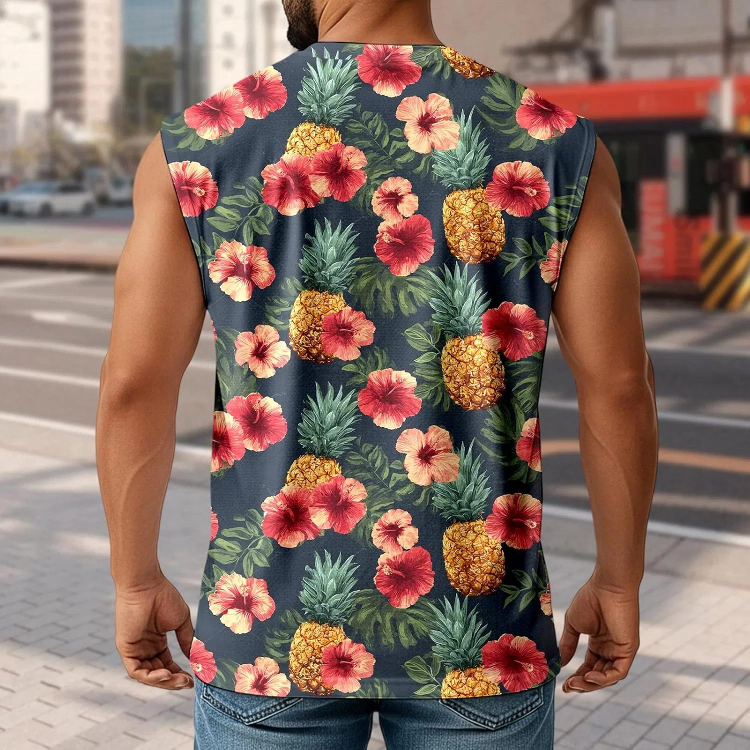 Мужской топ-безрукавка с тропическим принтом, Polyester/Spandex, Red Hibiscus — фото 3