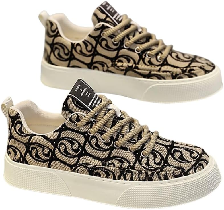 

Мужские низкие кеды из холщовой ткани - стильные и удобные, повседневная обувь с толстой резиновой подошвой и шнуровкой для повседневного ношения, походов и бега - бежевый и черный узор Fmshi