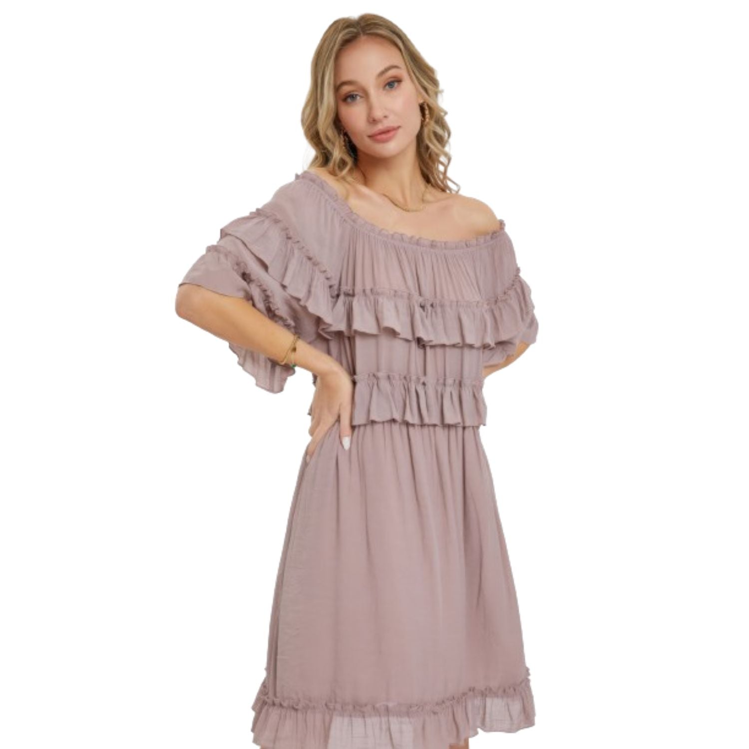 

Платье с открытыми плечами и оборками FASHNZFAB, цвет dark mauve