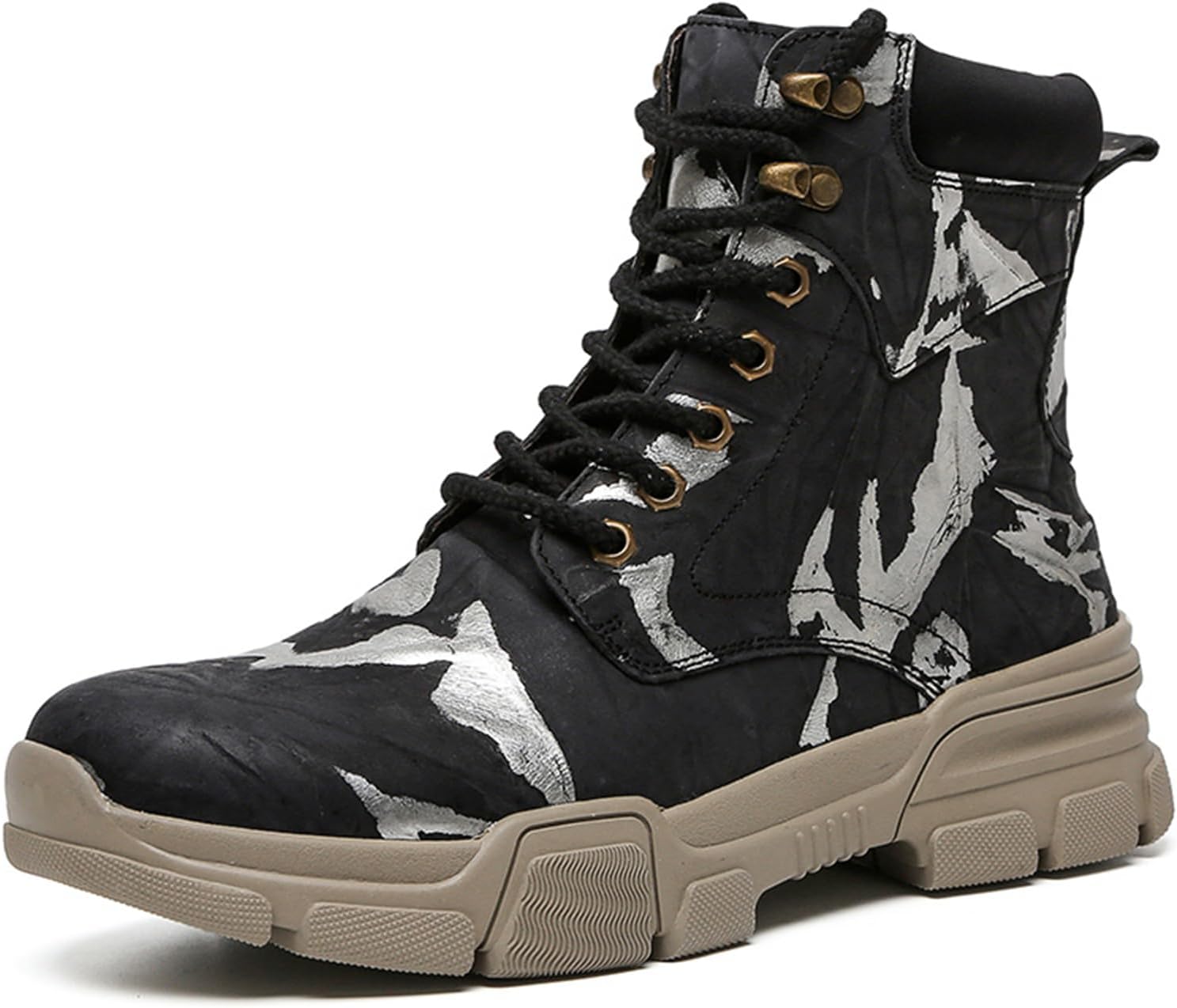 

Мужские тактические армейские ботинки TengfeiFly на щиколотку, с шнуровкой, из кожи, с камуфляжным узором, массивным каблуком, толстой подошвой, черный