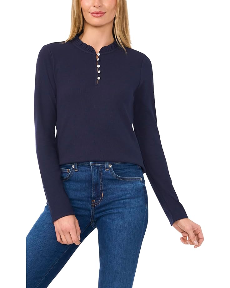 

Топ CeCe Long Sleeve Rib Knit Half Placket Top, цвет Classic Navy