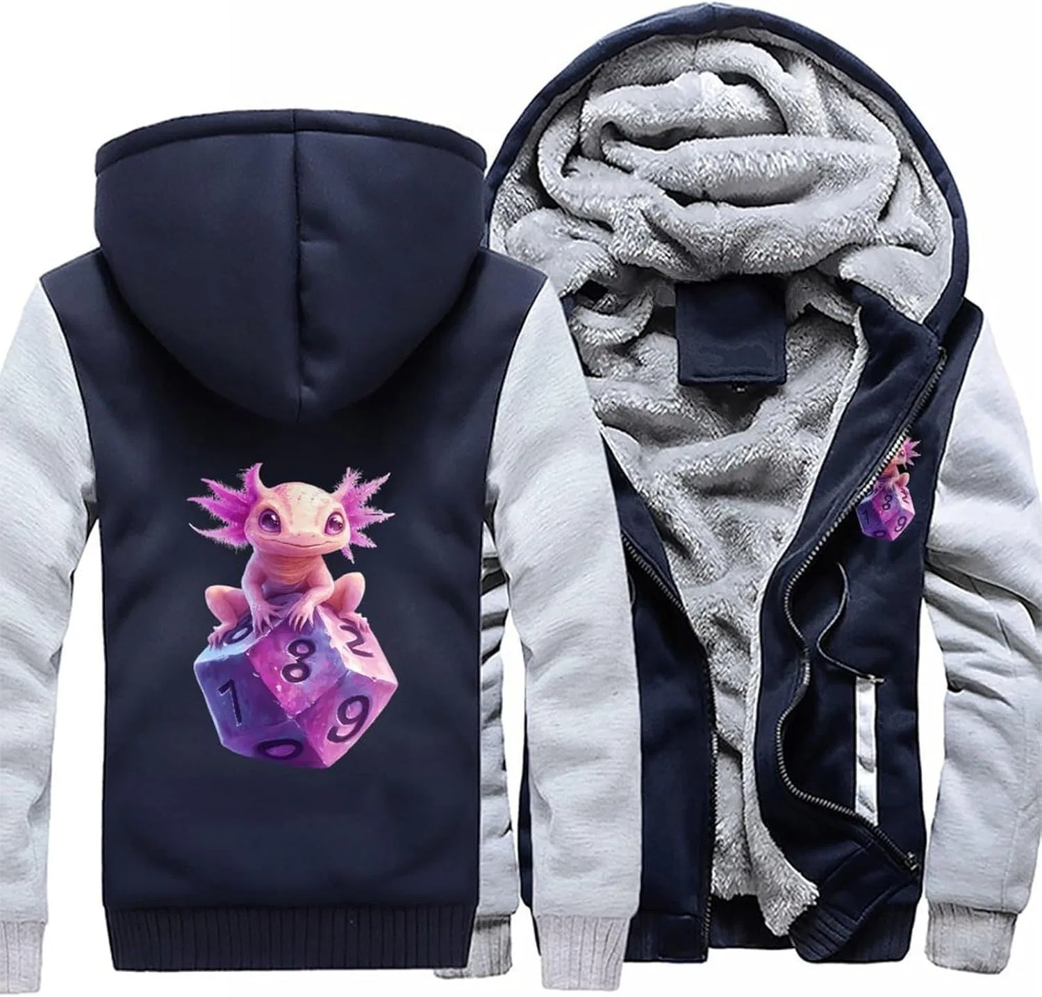 Толстовка с капюшоном Axolotl with Dice, флисовая, на молнии, Light Gray-style — фото 3