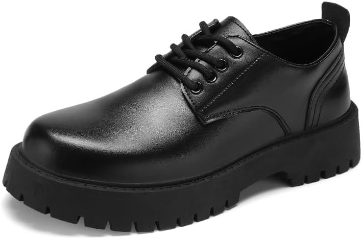 

Мужские кожаные оксфорды с платформой и массивным каблуком, классический круглый носок, шнуровка, подошва с протектором, мягкая подошва, деловые туфли, нескользящие дерби Hhhchpm, черный