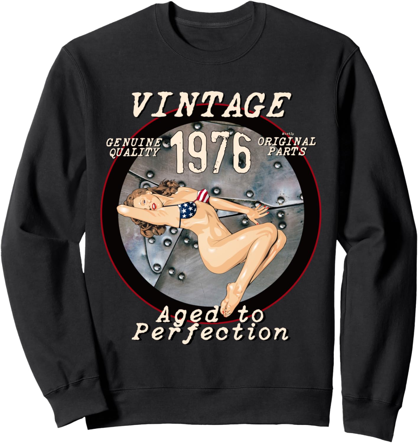 

Толстовка в антикварном стиле с рисунком на носу бомбардировщика 1976 года. Горячая пин-ап модель. Подарок на 45-летие Retro Bomber Nose Art Birthday Year Threads, черный