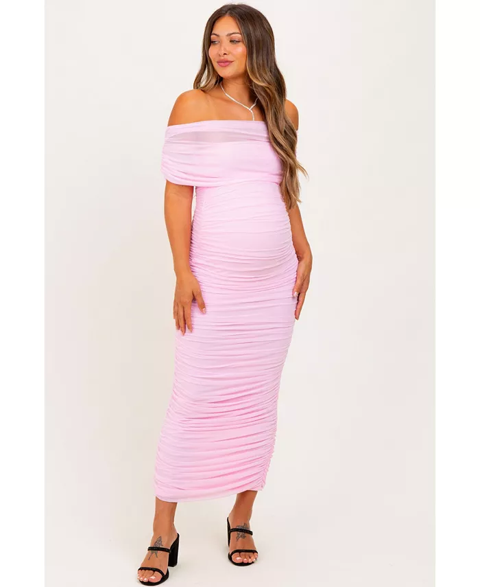 

Беременное лавандовое плиссированное сетчатое платье макси с открытыми плечами и отложным поясом Pinkblush, розовый