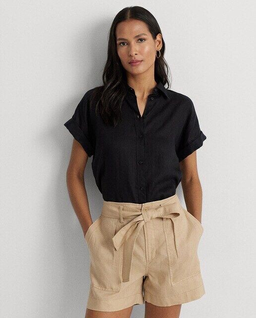 

Льняная женская рубашка с коротким рукавом Lauren Ralph Lauren, черный