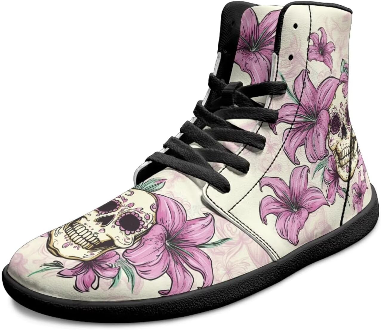 

Высокие мужские кроссовки без скольжения с широким носком, дышащие ботильоны с нулевым перепадом высоты голенища для ходьбы Xixirimido, Lily Flower Sugar Skull