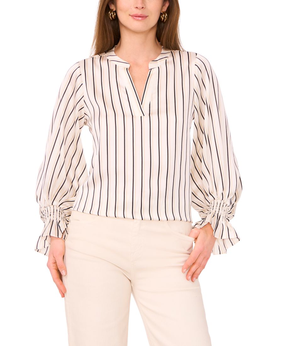 

Женская блузка с разрезом на воротнике, длинными рукавами и присборенными манжетами Vince Camuto, Natural