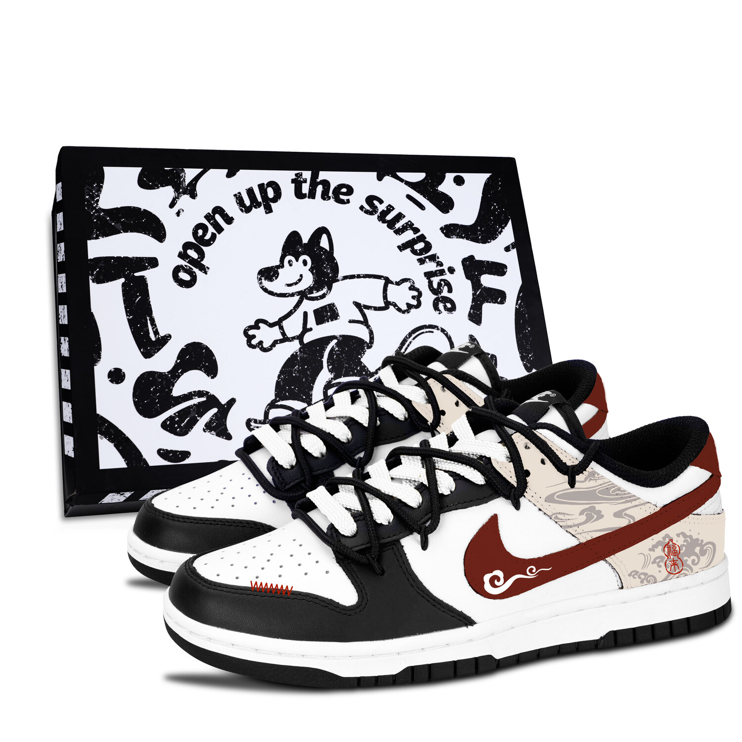 

Nike Кроссовки для скейтбординга Dunk Black White, Cloud Pattern Fuyi, износостойкие, низкие, унисекс, красные