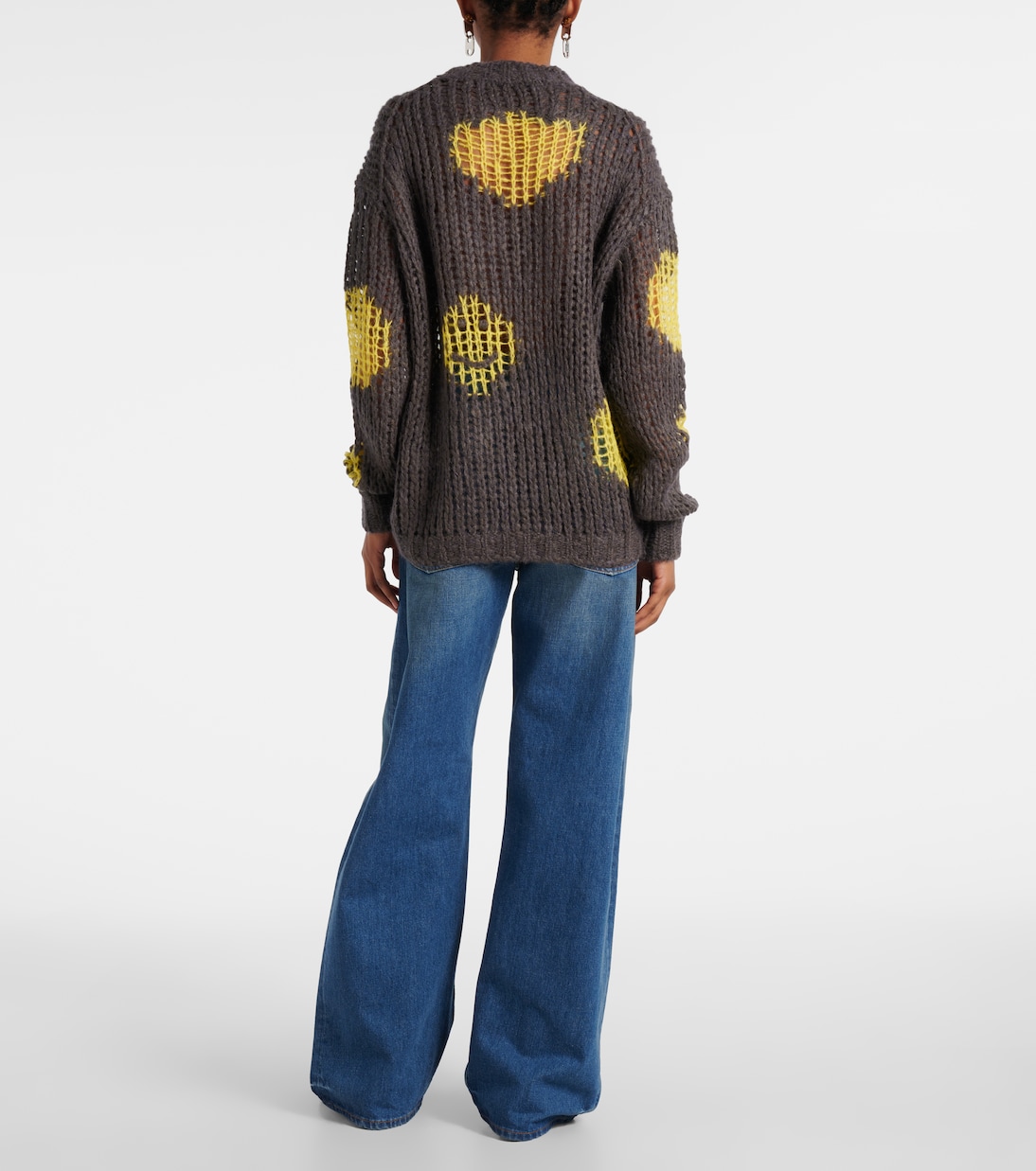 Вышитый ажурный свитер Acne Studios, Grey/Yellow — фото 3