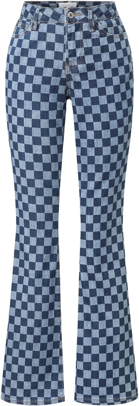 

Женские джинсы с высокой талией и микро-клеш, эластичные, в ретро-клетку, стройнящие