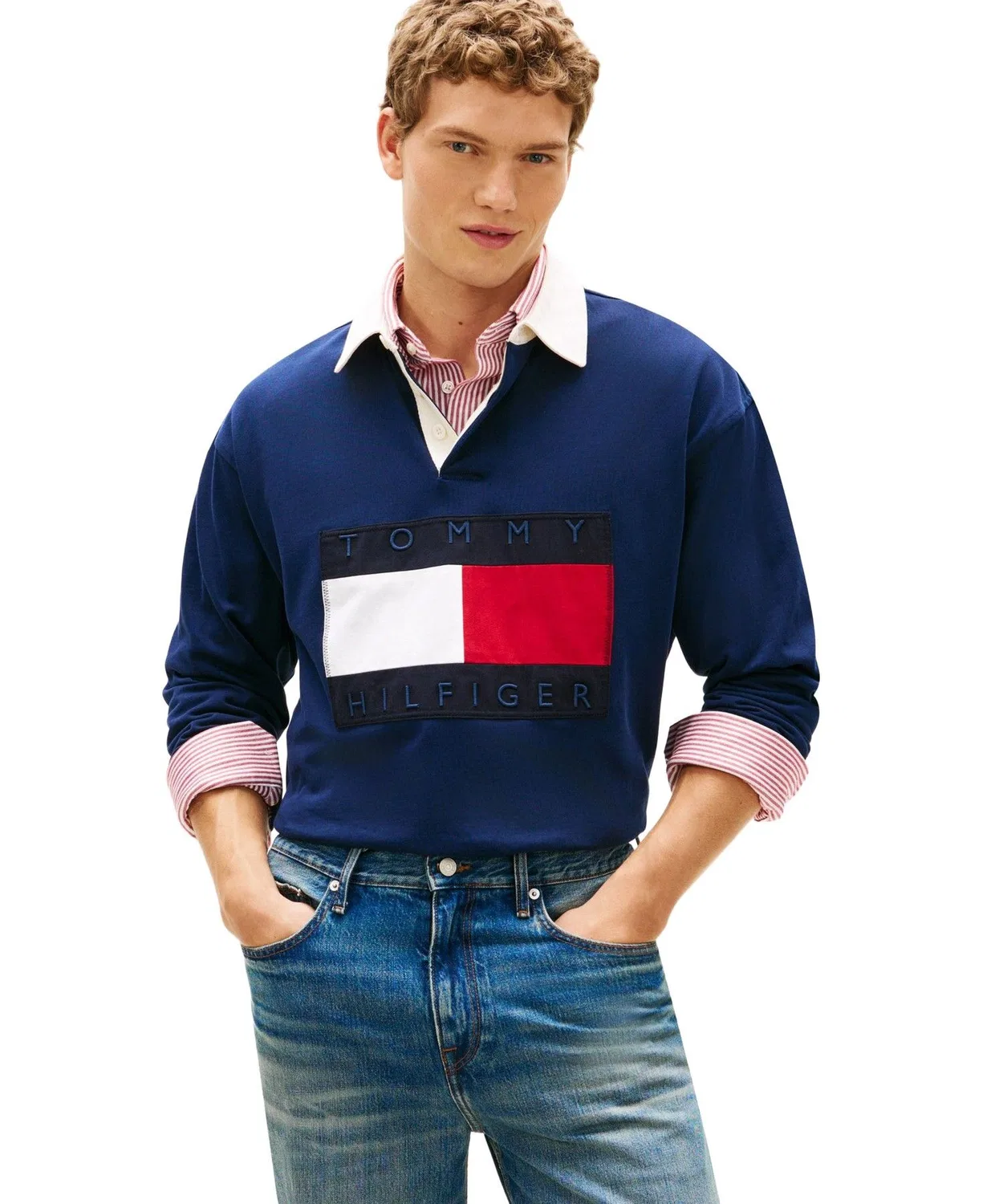 Рубашка с флагом, оверсайз, Tommy Hilfiger, длинный рукав, тёмно-синий