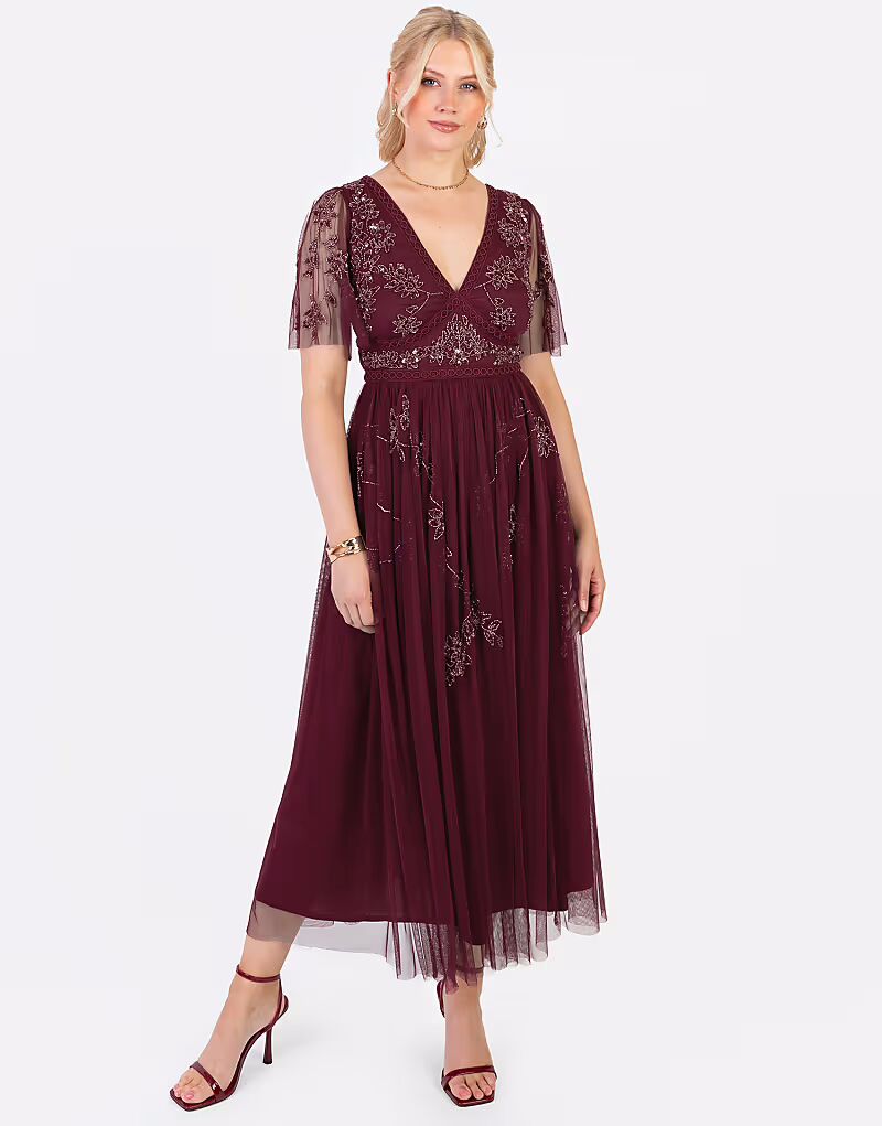 

Платье мидакси с короткими рукавами и открытой спиной, клюквенного цвета Maya