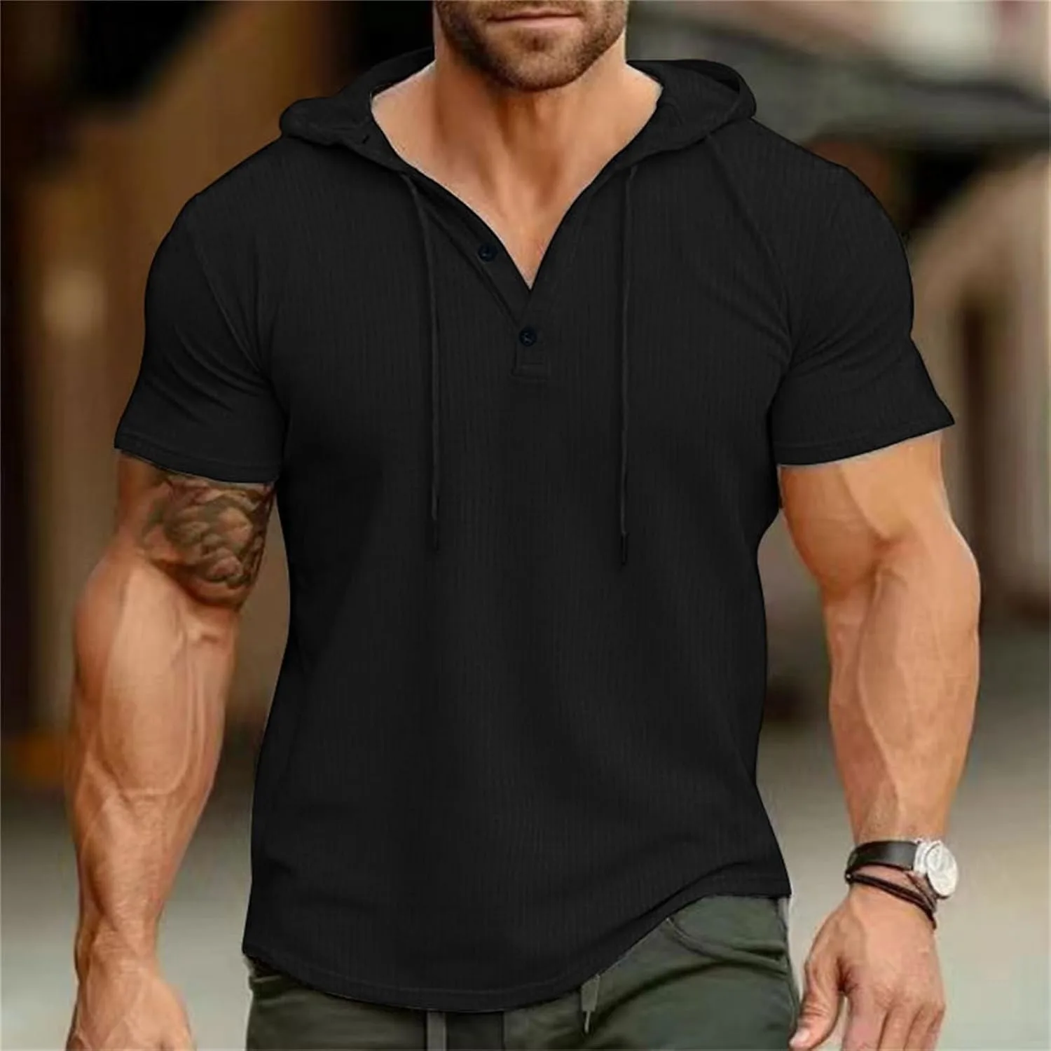 Мужская хлопковая худи с коротким рукавом Slim Fit для фитнеса — фото 2