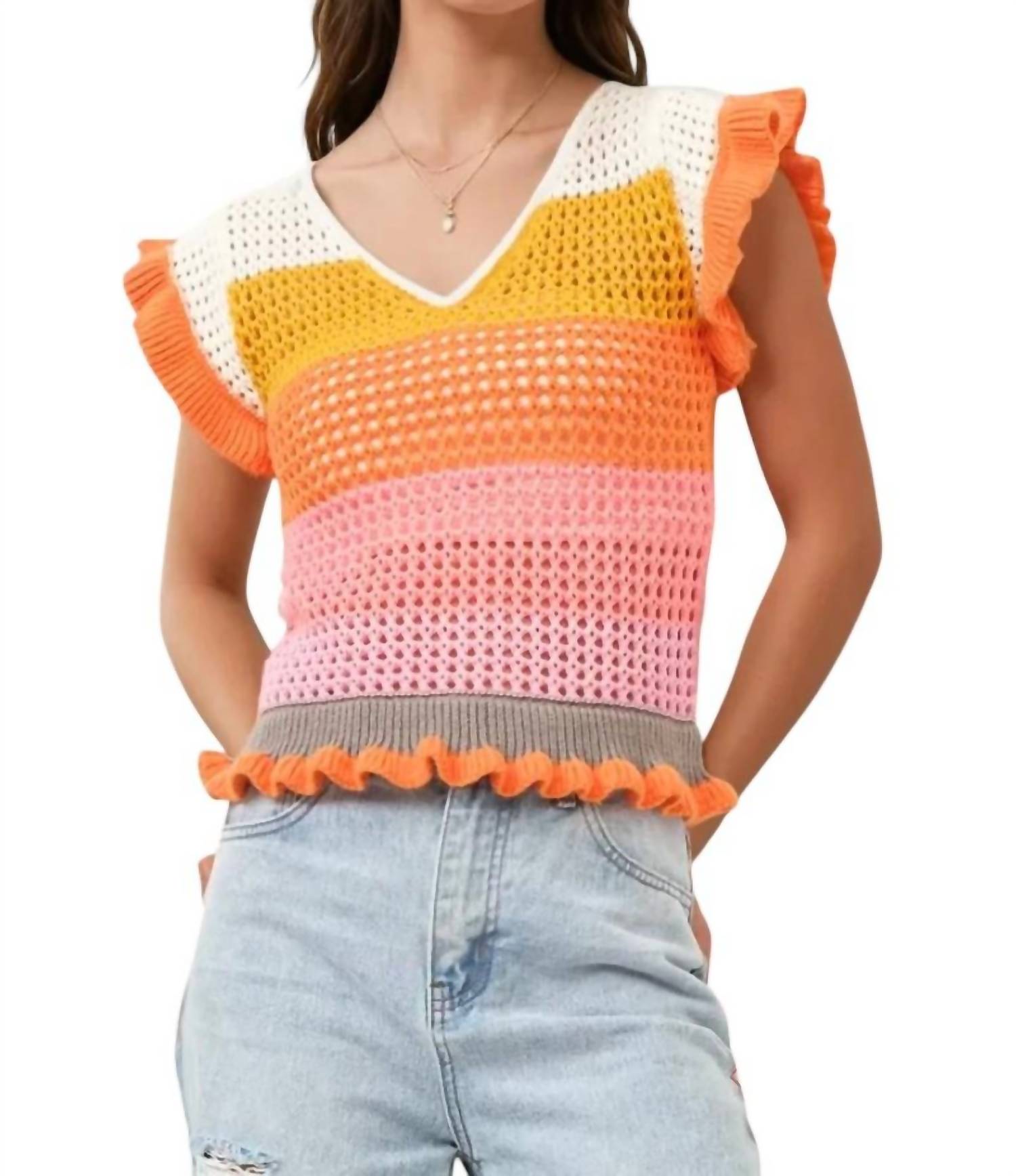 

Keesha Вязаный топ с кружевными рукавами-рюшами в оранжевую полоску Blue B