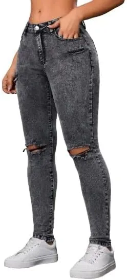 

Серые джинсы skinny с прорезями и потертостями