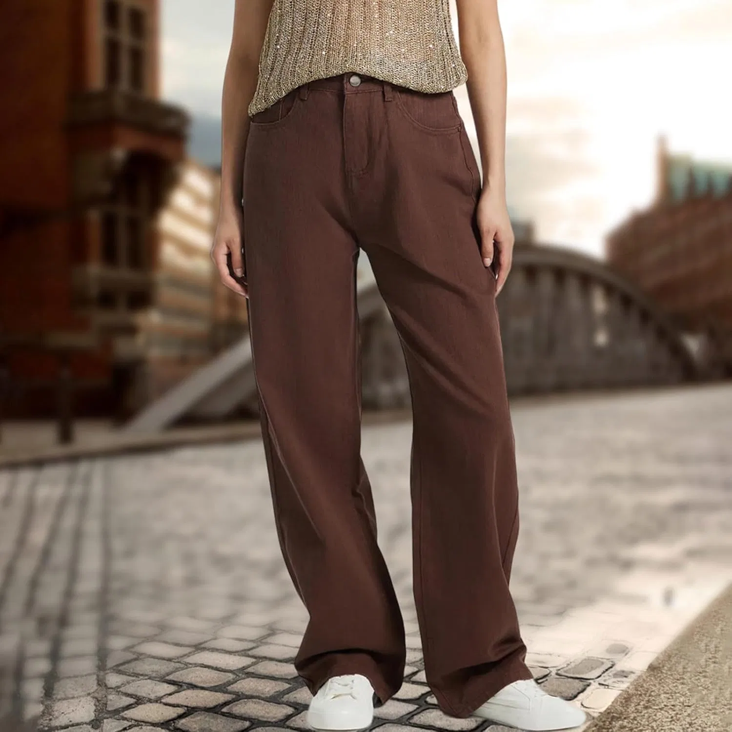 Джинсы свободные Wide Leg, коричневый — фото 3