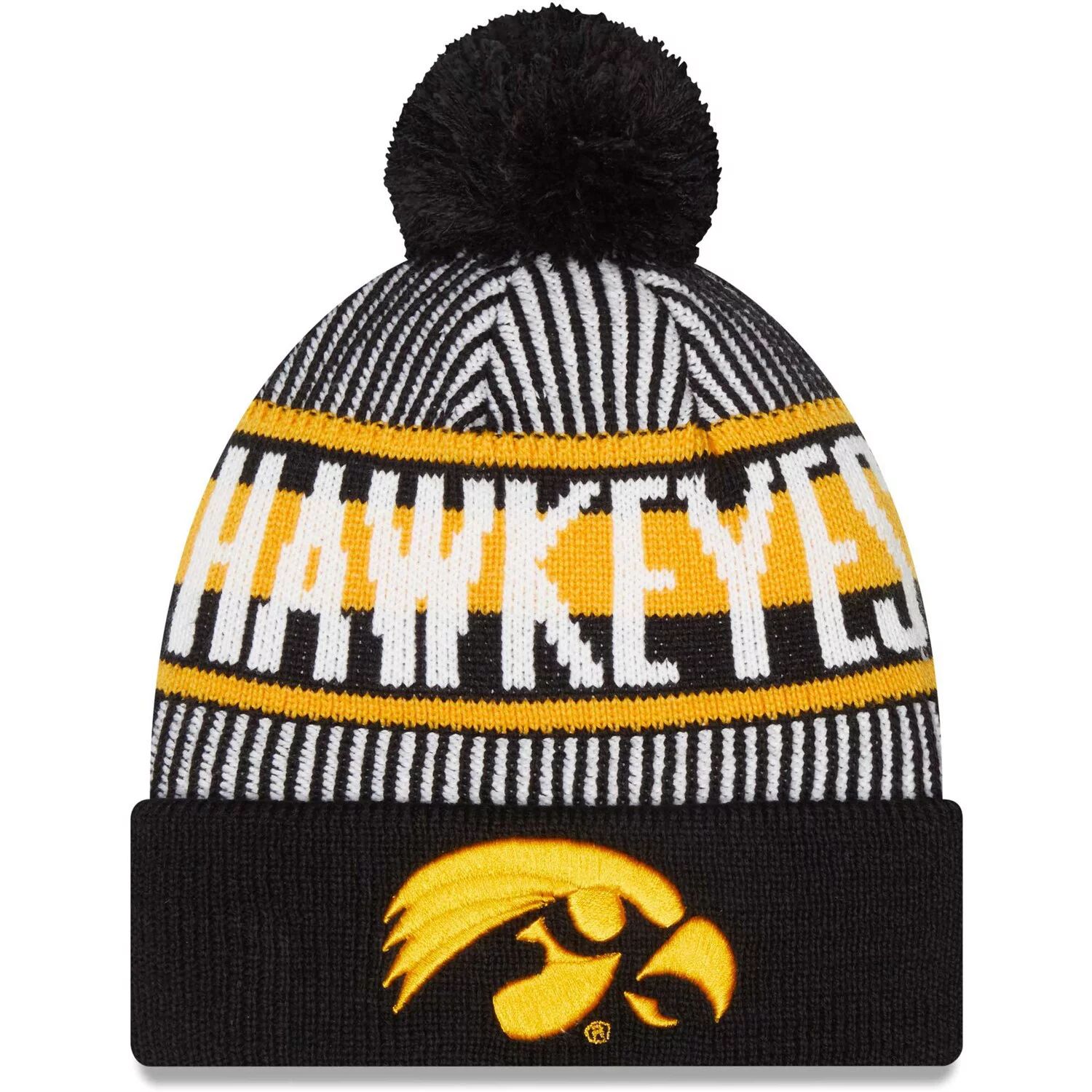 

Мужская вязаная шапка New Era Black Iowa Hawkeyes в полоску с манжетами и помпоном