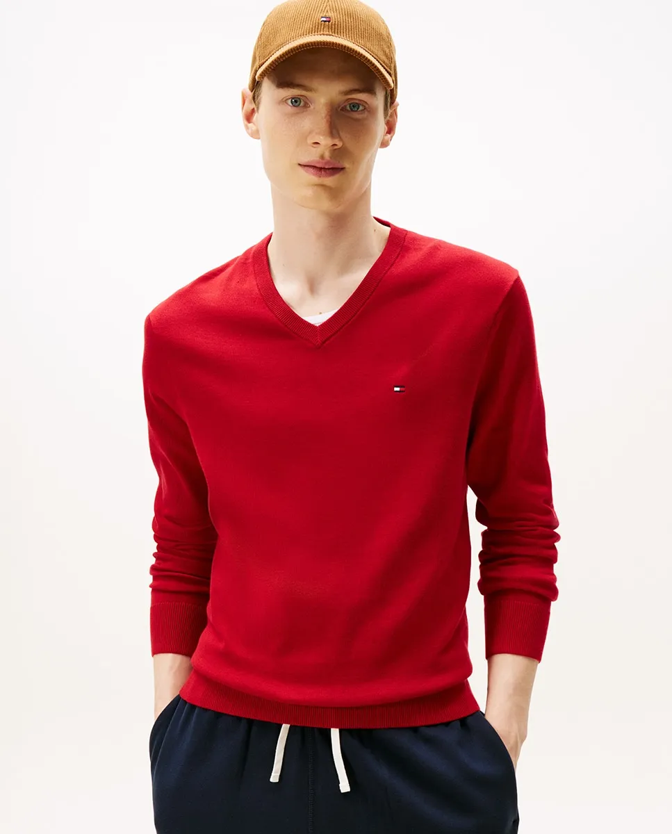 

Мужской однотонный джемпер с V-образным вырезом Tommy Hilfiger, красный