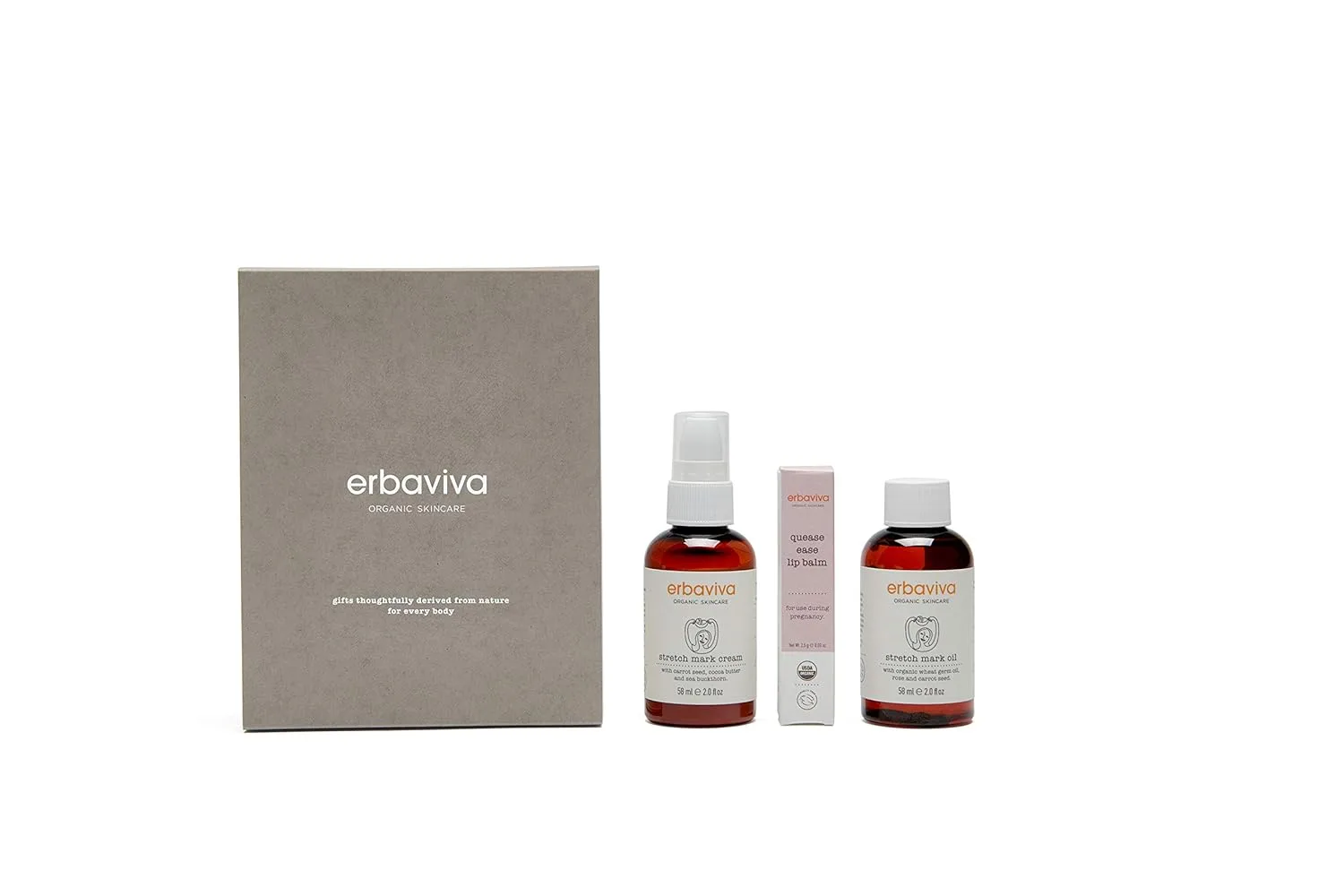 Erbaviva Organic Mama Discovery Kit - подарочный набор для будущей мамы, включает масло от растяжек, крем от растяжек, бальзам для губ Quease Ease