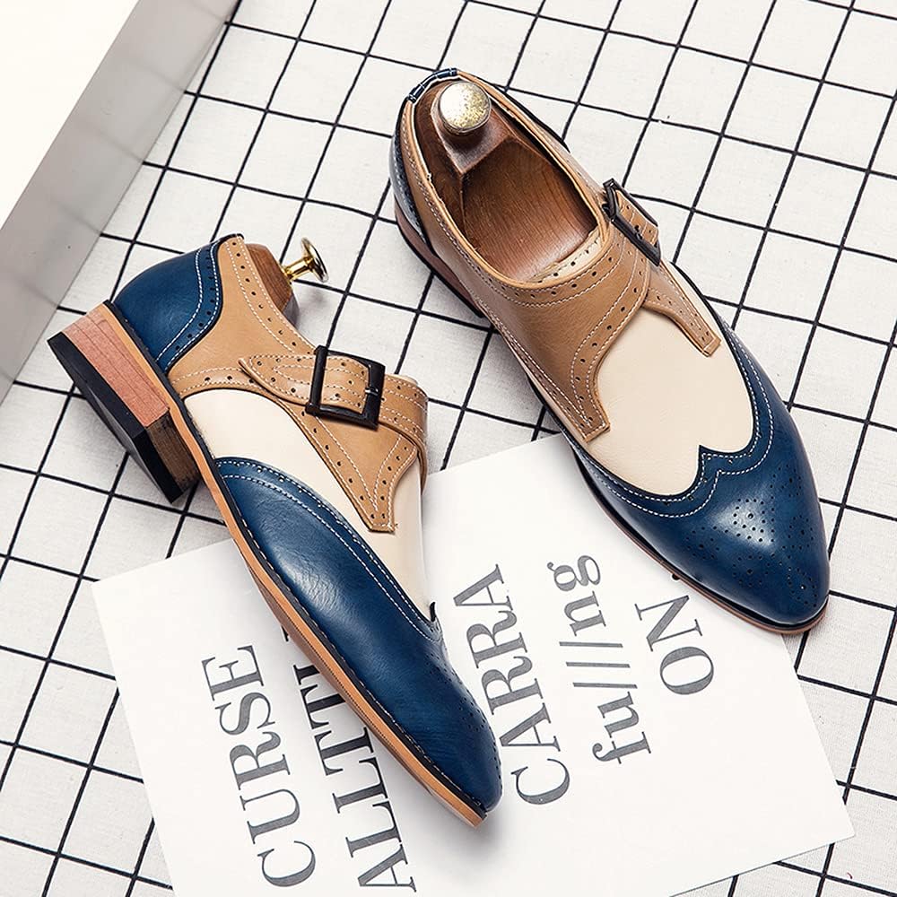 Мужские оксфорды HuitJours многокрасочные броги Wing Tip с шнуровкой, пэчворк, двухцветные, с перфорацией и круглым носком, синий — фото 3