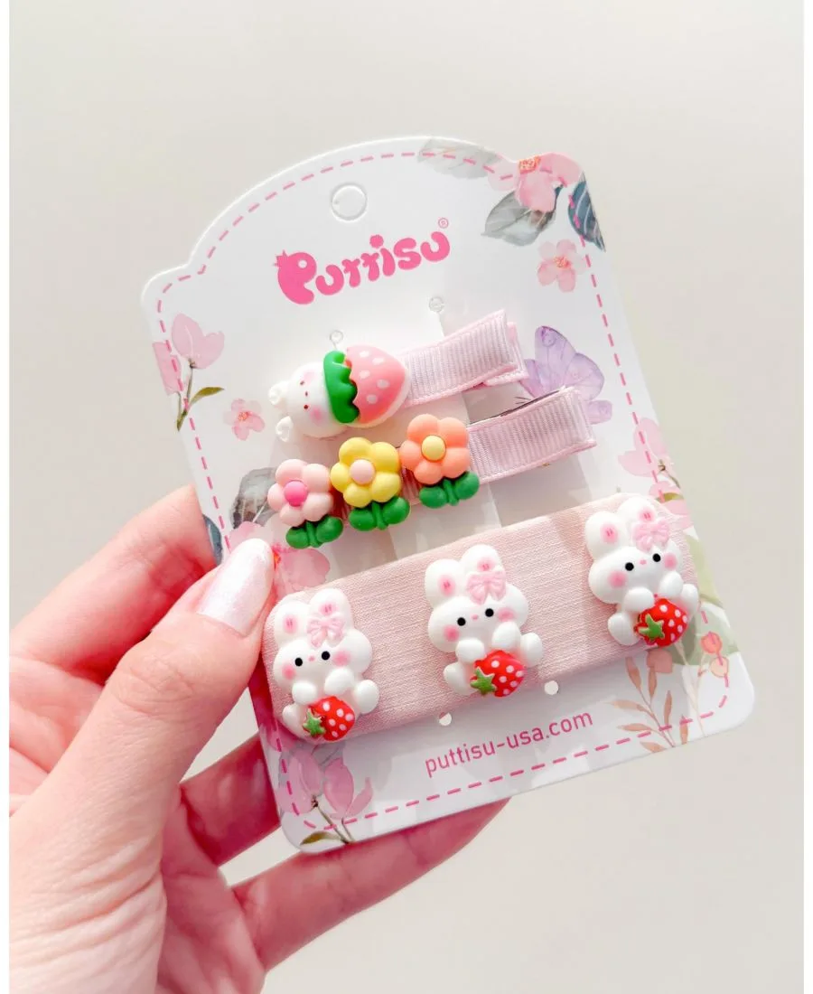 Набор из 3 заколок для волос для девочек - «Зайчики из сада» Puttisu, berry bunny garden (розовый) — фото 4