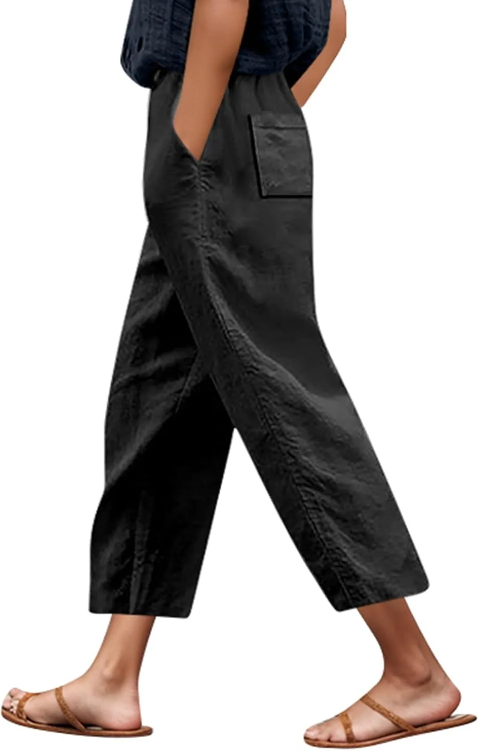 2026 Linen Pants Women High Waist Эластичные брюки с кулиской для отдыха Повседневные легкие брюки с боковым разрезом для лета и пляжа Generic, черный