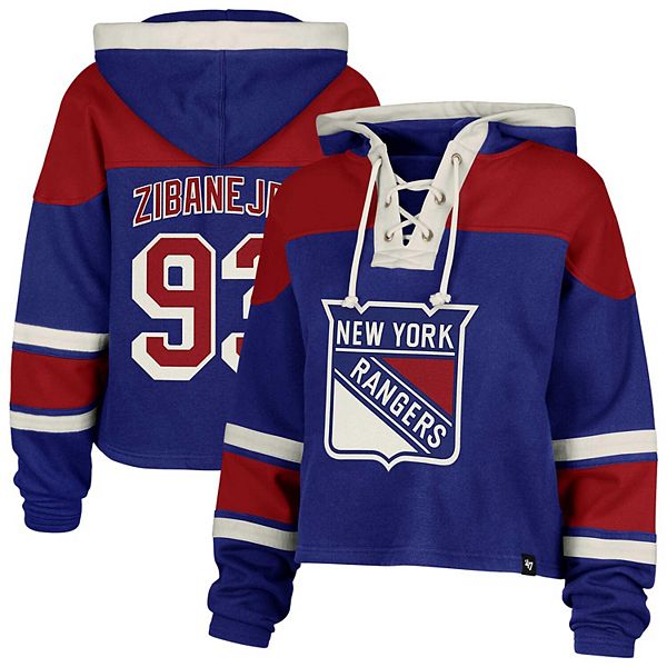 

Женский синий кроп-худи New York Rangers Superior Lacer с принтом Mika Zibanejad 47 Brand