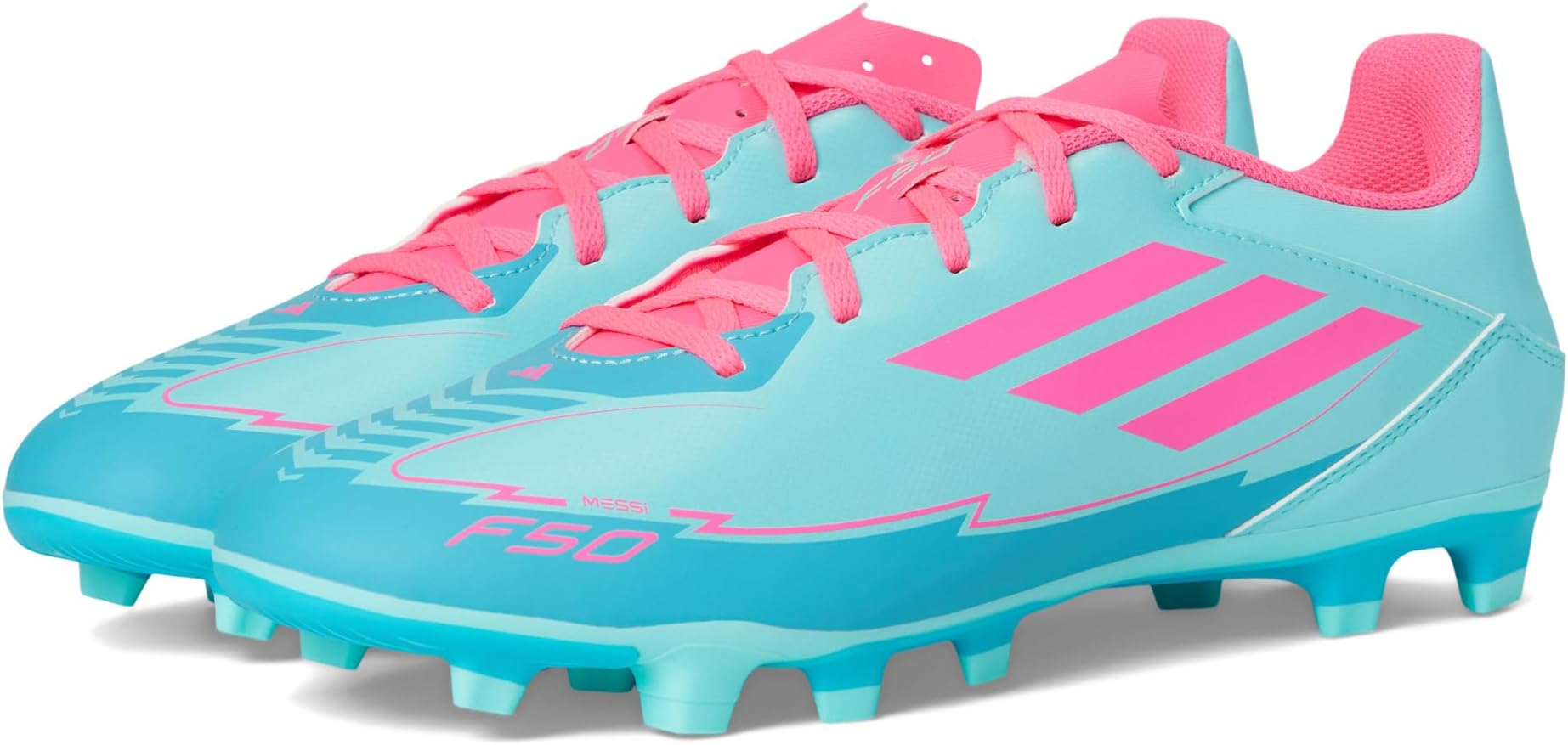Кроссовки adidas F50 Club Messi Firm Ground/Multi Ground Soccer Cleats, цвет Flash Aqua/Lucid Pink/Lucid Cyan
