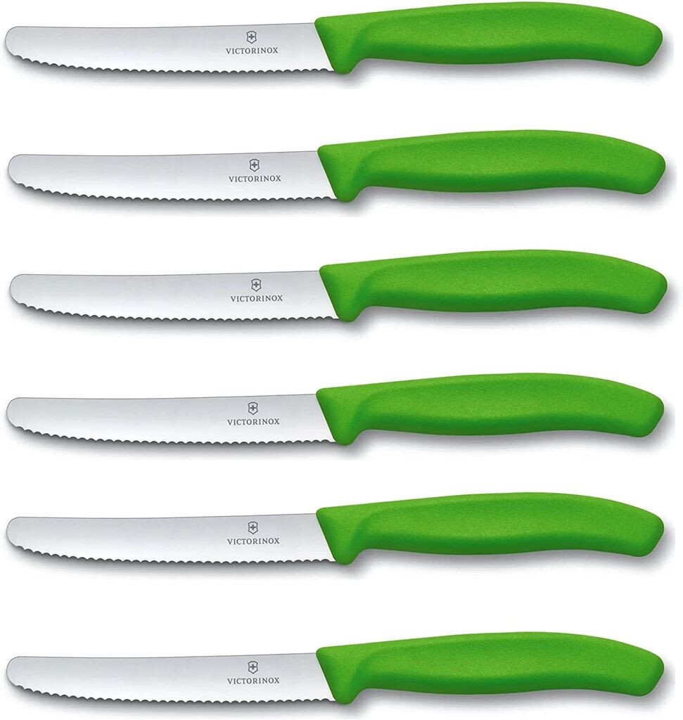 

Столовые ножи Victorinox, 6 предметов — Швейцарские классические ножи для томатов с зубчатым краем, нержавеющая сталь — Сделано в Швейцарии — Зеленый Victorinox Swiss Army