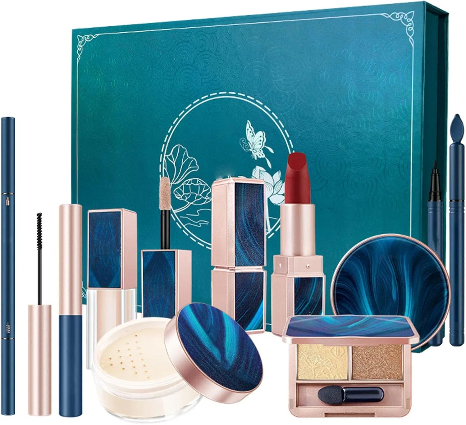 Набор косметики для начинающих Lipstick Eyeshadow Eyeliner Mascara Eyebrow Pencil Liquid Foundation Cushion Foundation Loose Face Powder 8 предметов Regoss