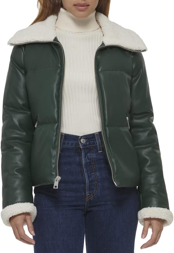 

Levi's Женская куртка-пуховик Breanna из искусственной кожи с воротником на подкладке из овчины, Pine Green