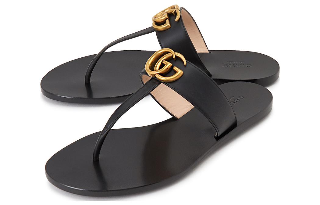Сандалии (WMNS) Gucci Thong Sandal With Double G 'Black Leather' 497444-A3N00-1000 — фото 2