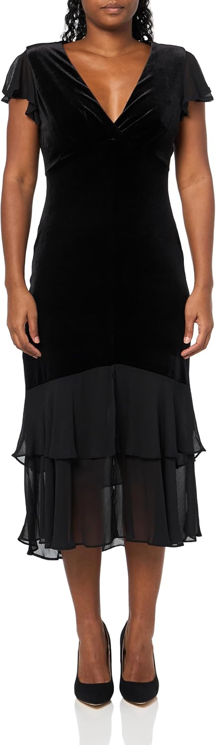 

Женское платье Tommy Hilfiger из бархата и шифона с рукавами-крылышками и многоуровневой юбкой, Black