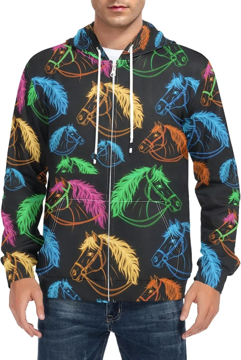 

Мужской худи с капюшоном на молнии, с принтом лошадей и карманом CUPADA