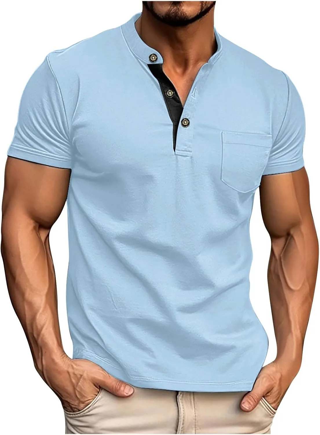 

Мужская футболка Henley с коротким рукавом, воротником-стойкой и карманом FZYLQY