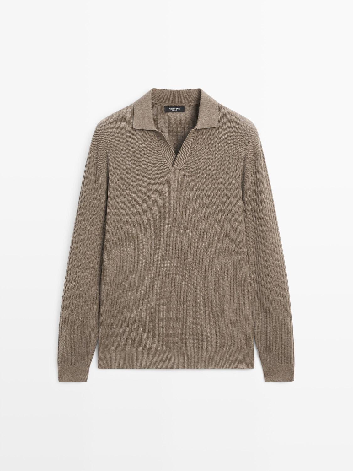 Вязаный свитер-поло из хлопковой смеси Massimo Dutti, khaki — фото 2